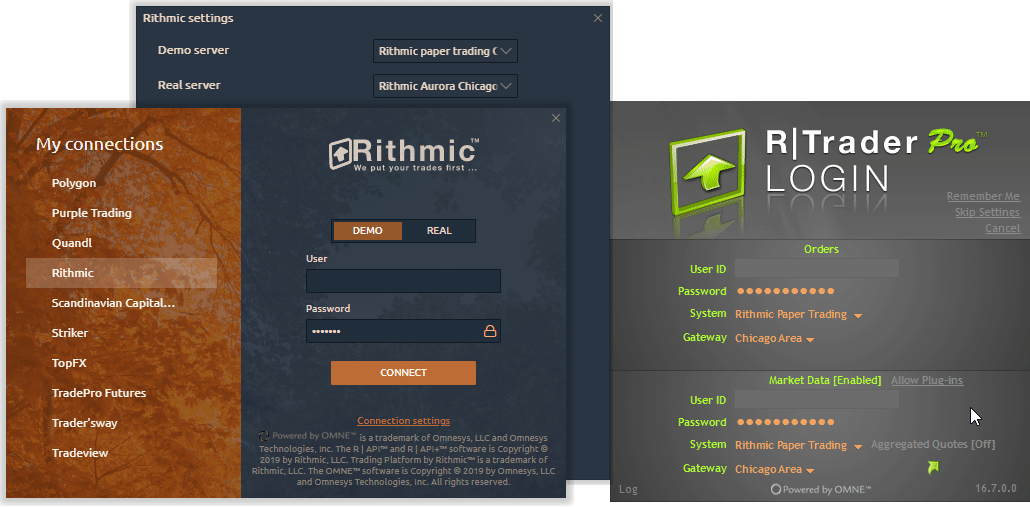 Connection to Rithmic market data and trading via RTrader plugin